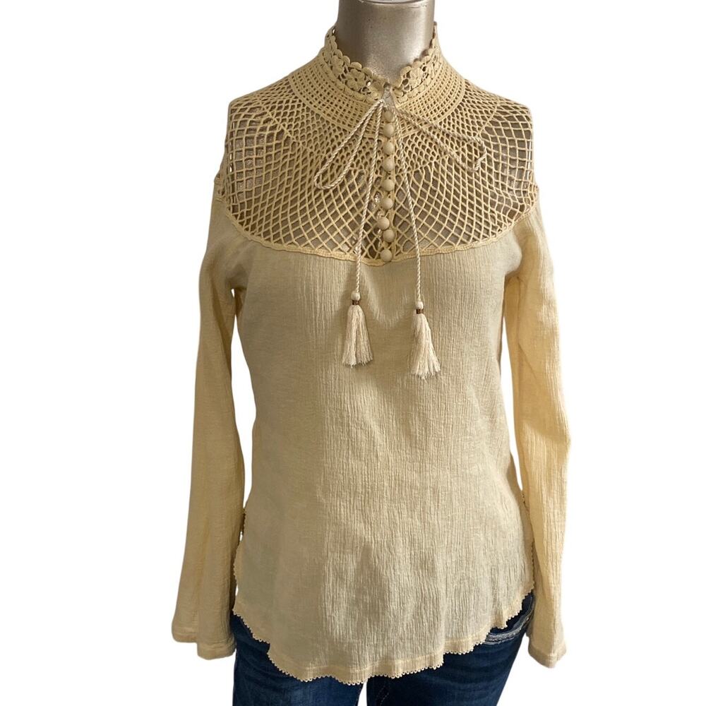 Free People On The Island Crochet Yoke Blouse Top Tea Beige Boho Gauze Small